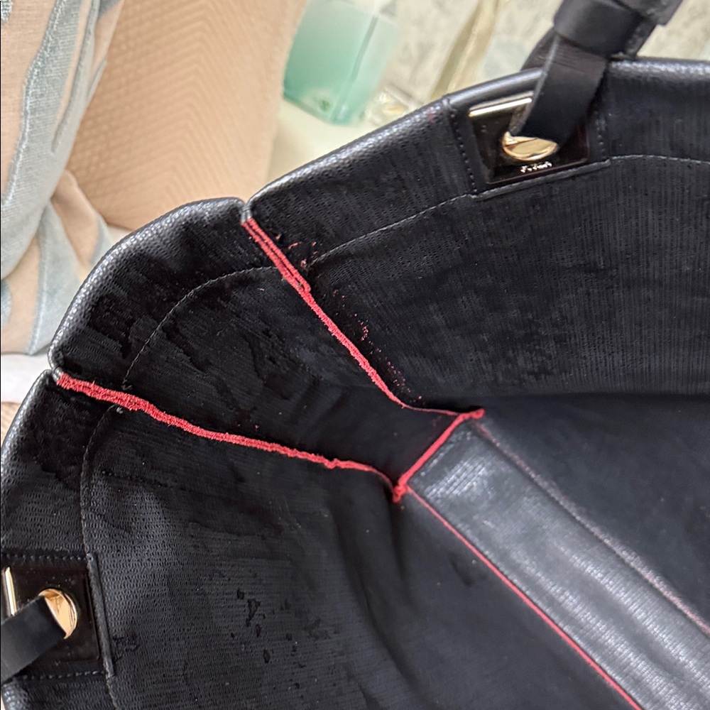 Furla Red Suede Tote with Black Leather Pocket - Picture 8 of 12